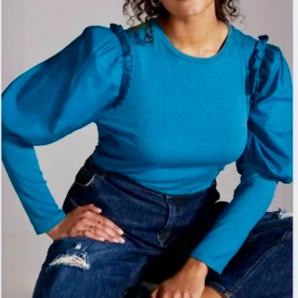 Anthropologie’s Sunday in Brooklyn teal Shirt with Puff Sleeves  Size M - Picture 1 of 7